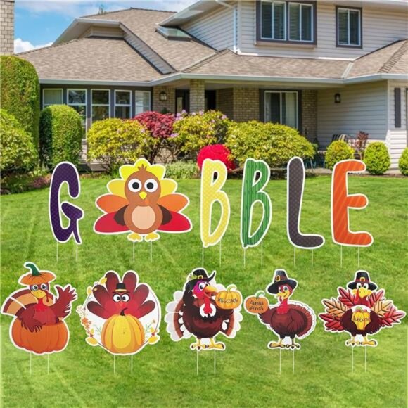 11 Pcs Thanksgiving Yard Signs Gobble Turkey Yard Signs with Stakes Fall - Picture 1 of 8